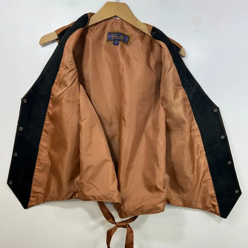 Y2K Vtg Suede Vest Mens L Womens XL Leather Colorblock Western Cowboy Cowgirl